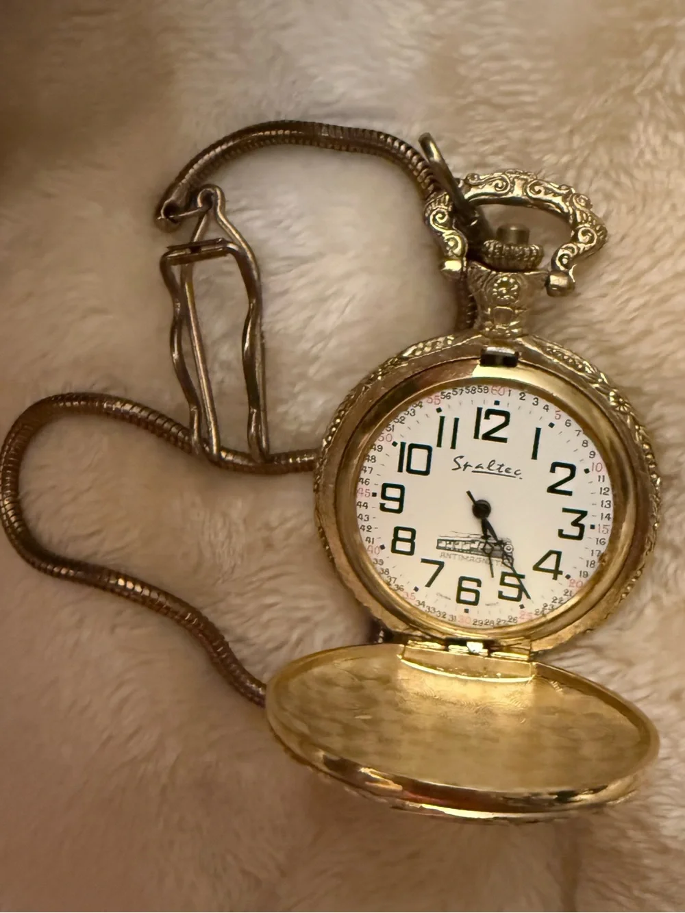 Source Unknown Gold-Tone Train Engraved Pocket Watch with Chain